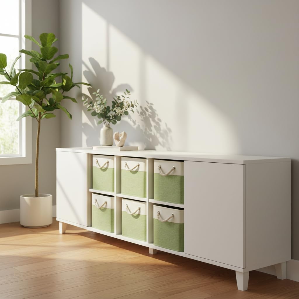 6 White Green Fabric Storage Cubes