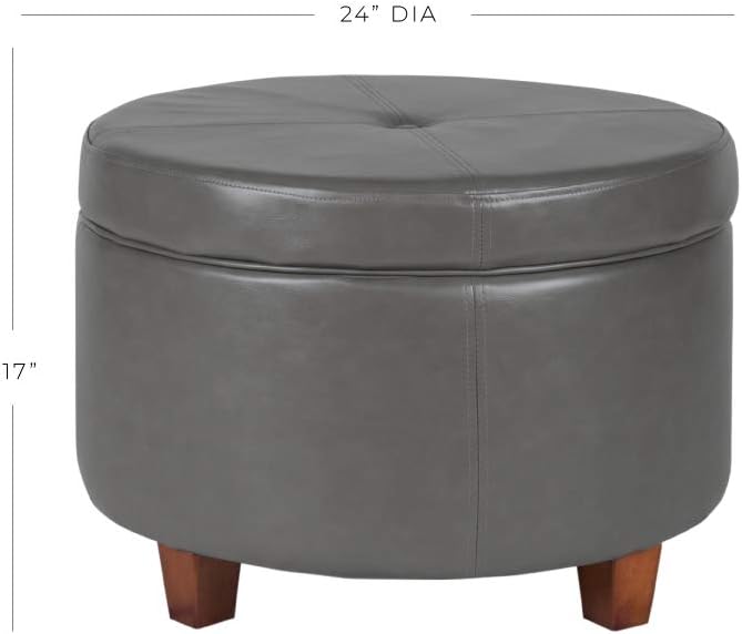 Large Charcoal Grey Leatherette Round Storage Ottoman