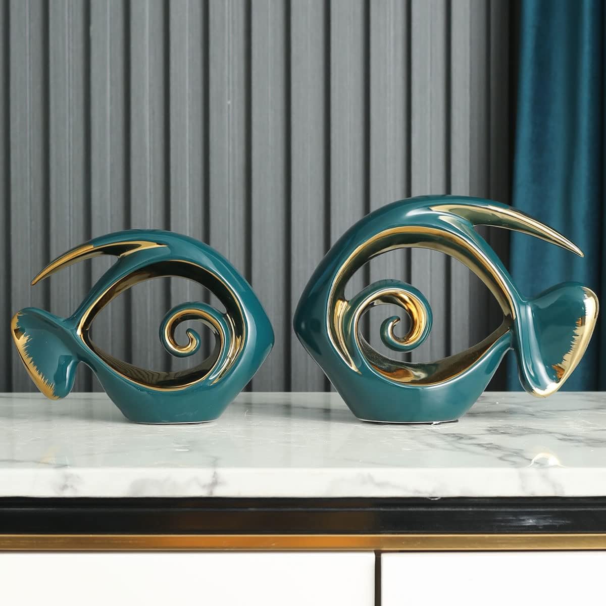 Green Gold Ceramic Fish Coastal Decor Figurine