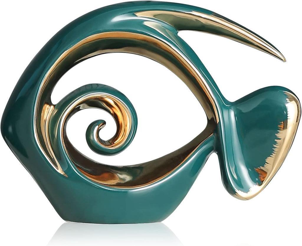 Green Gold Ceramic Fish Coastal Decor Figurine