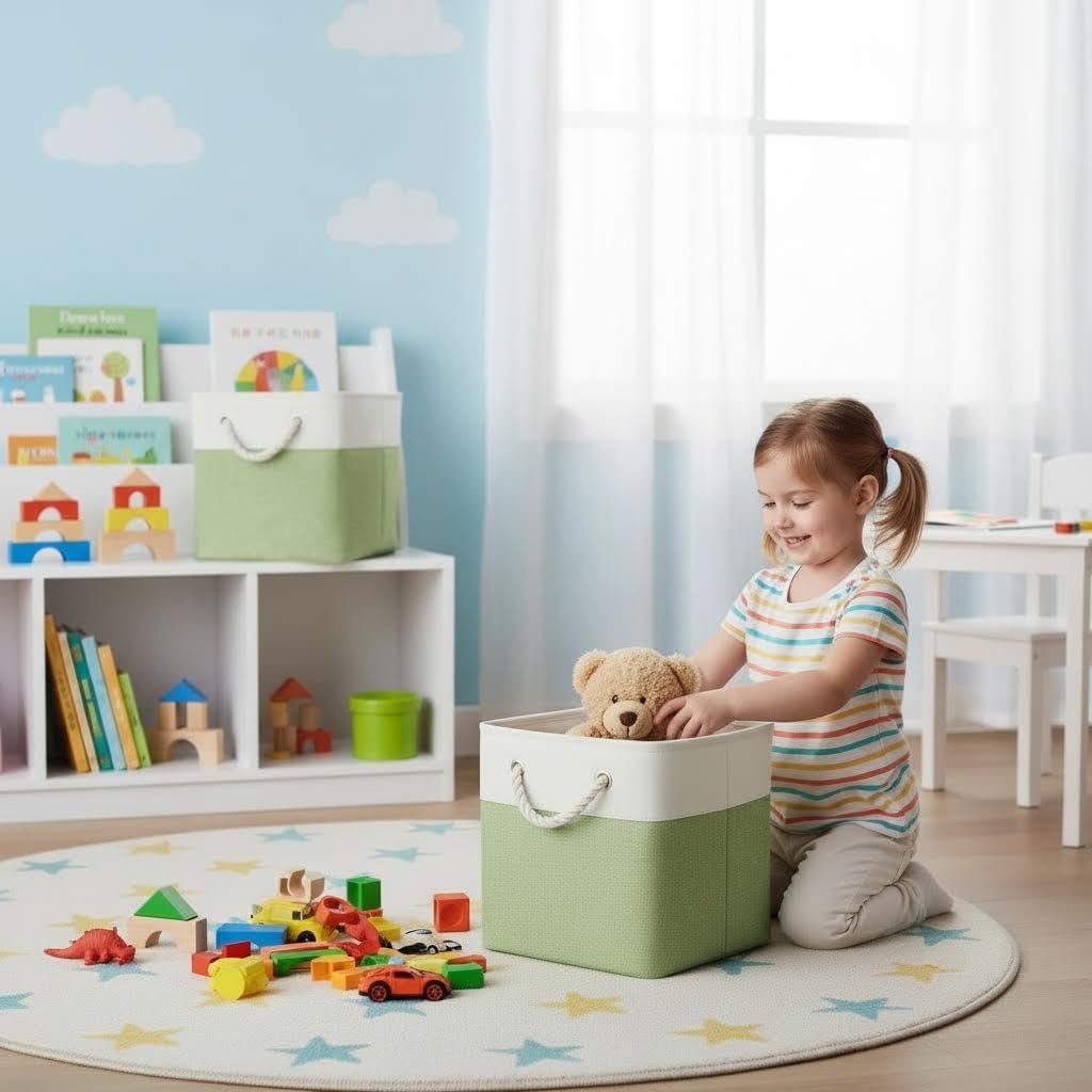 6 White Green Fabric Storage Cubes