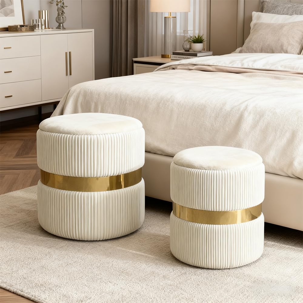 2 Pack White Gold Round Storage Ottomans