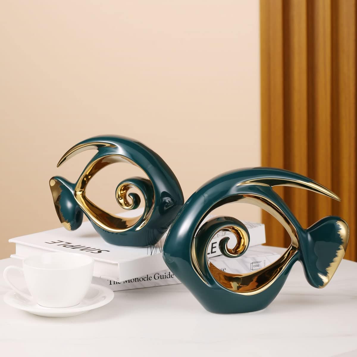 Green Gold Ceramic Fish Coastal Decor Figurine