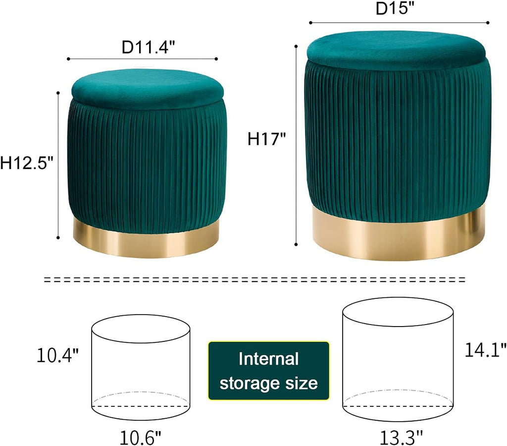 2 Pack Teal Pleated Velvet Nesting Storage Ottomans