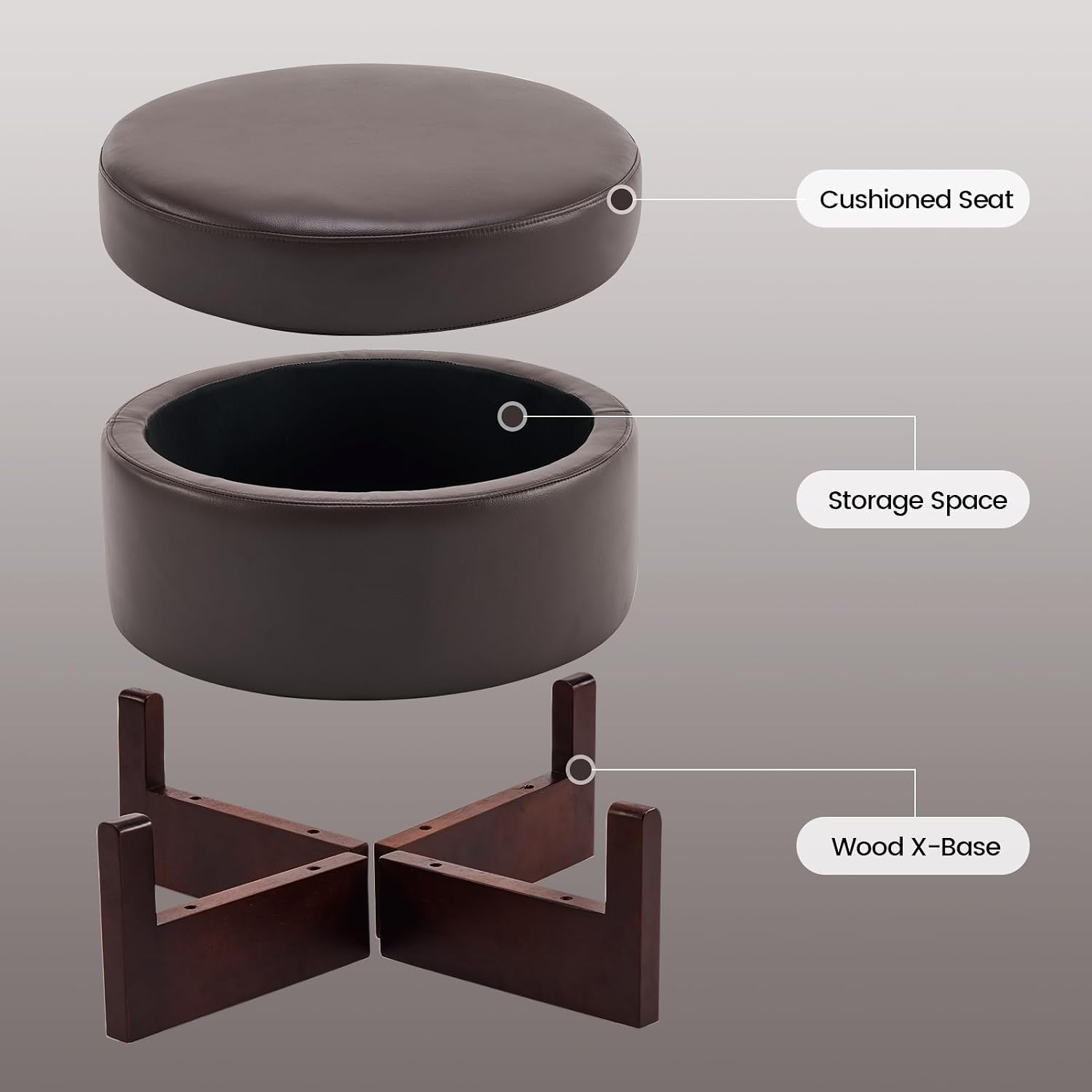 26" Dark Brown Faux Leather Storage Ottoman