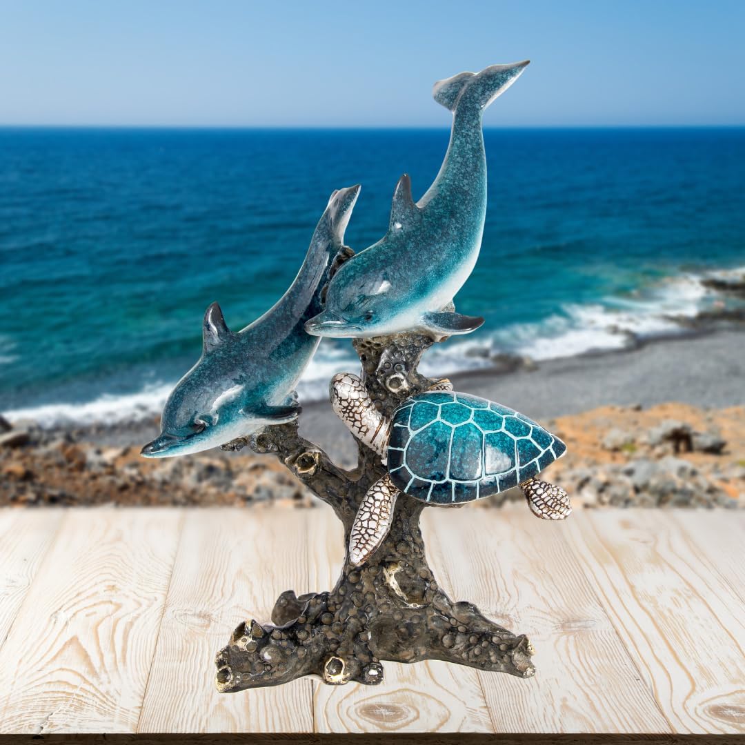 10.75x9.5" Dolphin & Turtle Coral Reef Figurine