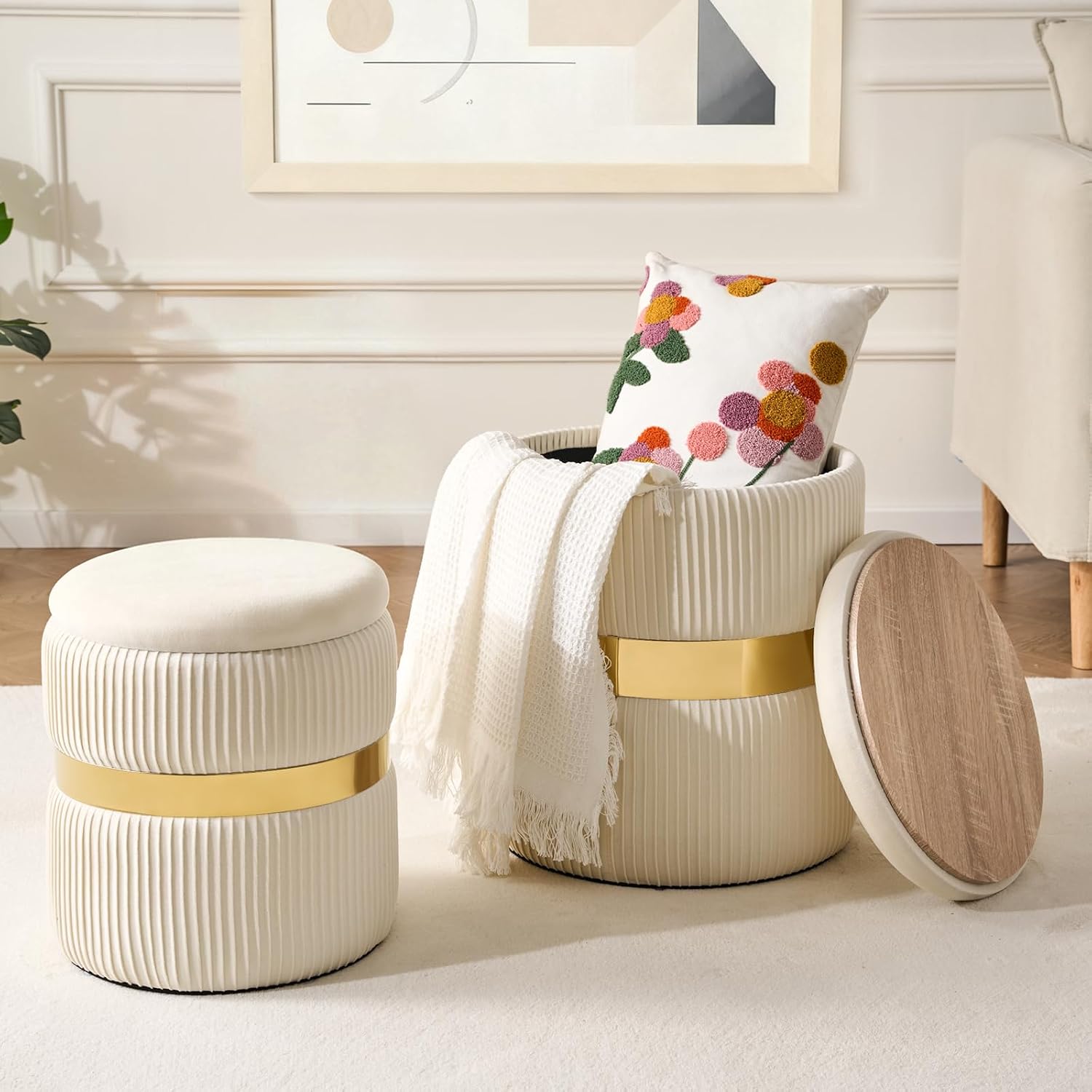 2 Pack White Gold Round Storage Ottomans