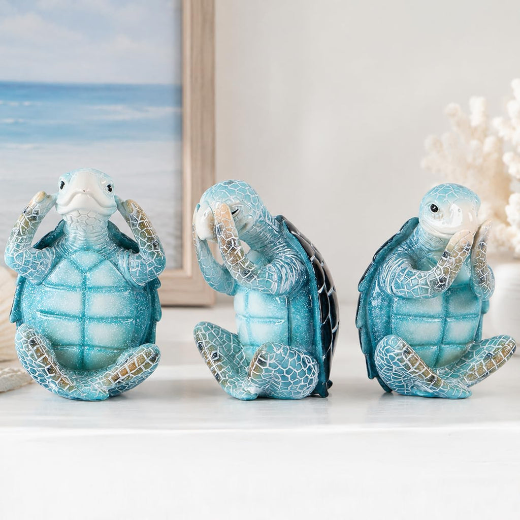 Set of 3 Hear See Speak No Evil Sea Turtle Sculptures