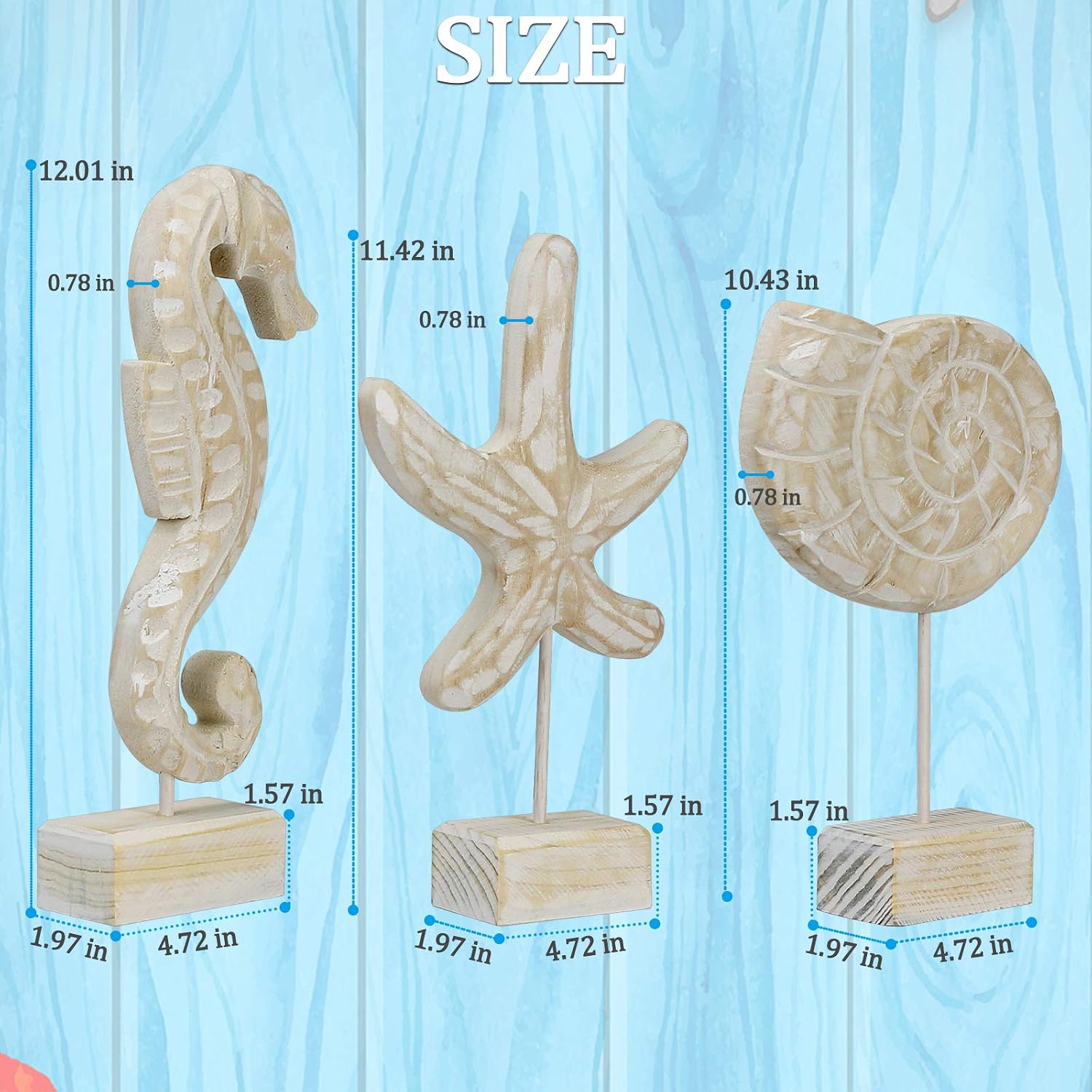 3 Wooden Coastal Marine Figurines