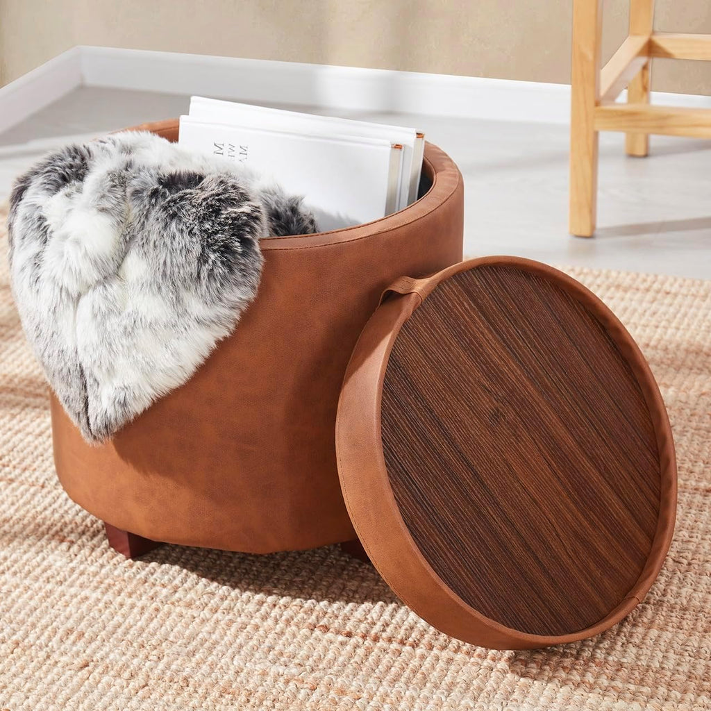 17" Cognac Faux Leather Storage Ottoman