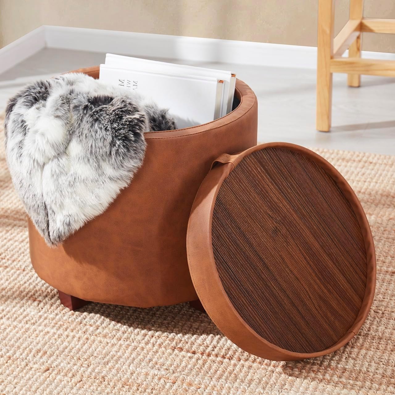 17" Cognac Faux Leather Storage Ottoman
