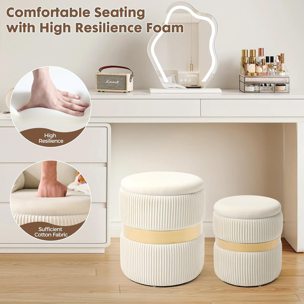 2 Pack White Gold Round Storage Ottomans