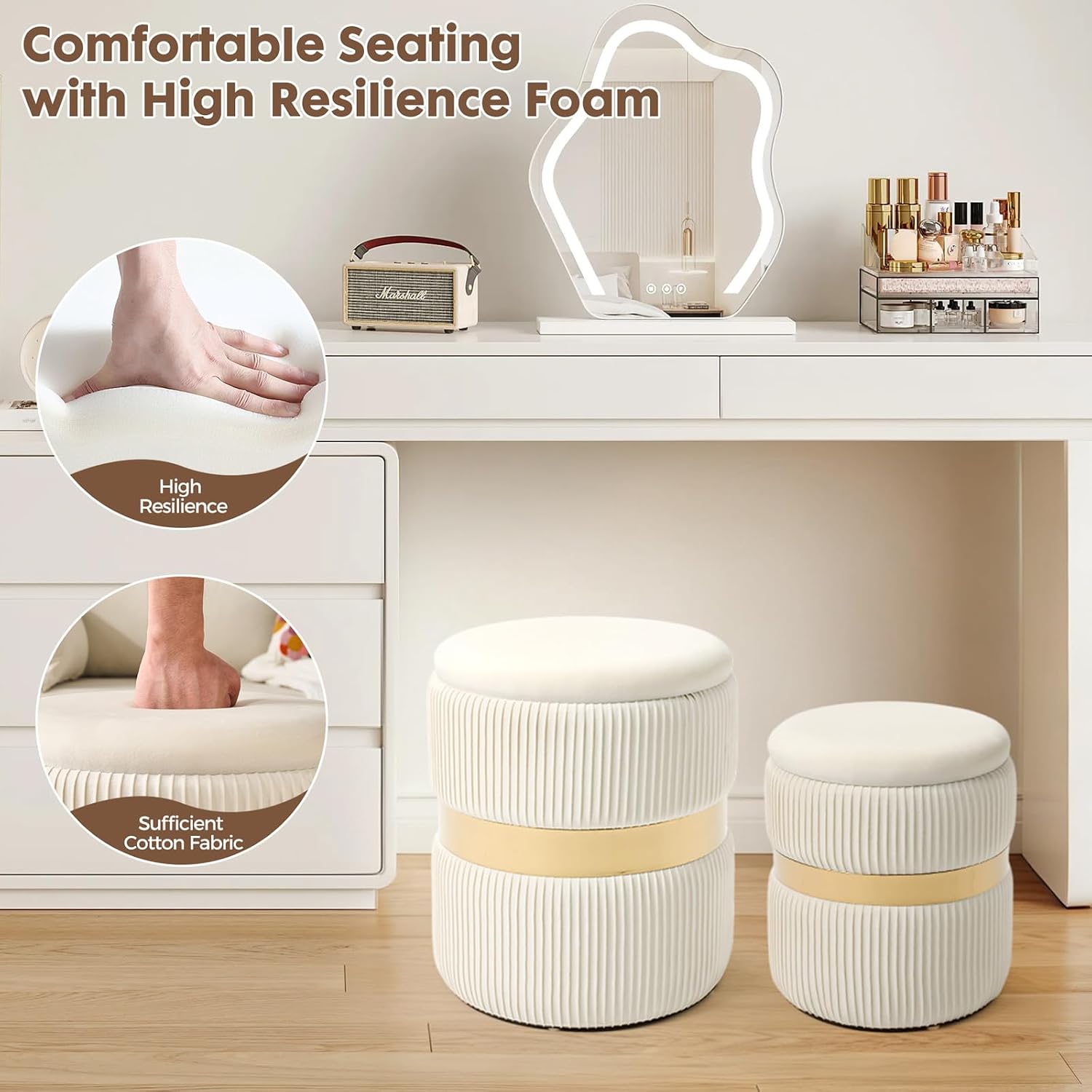 2 Pack White Gold Round Storage Ottomans
