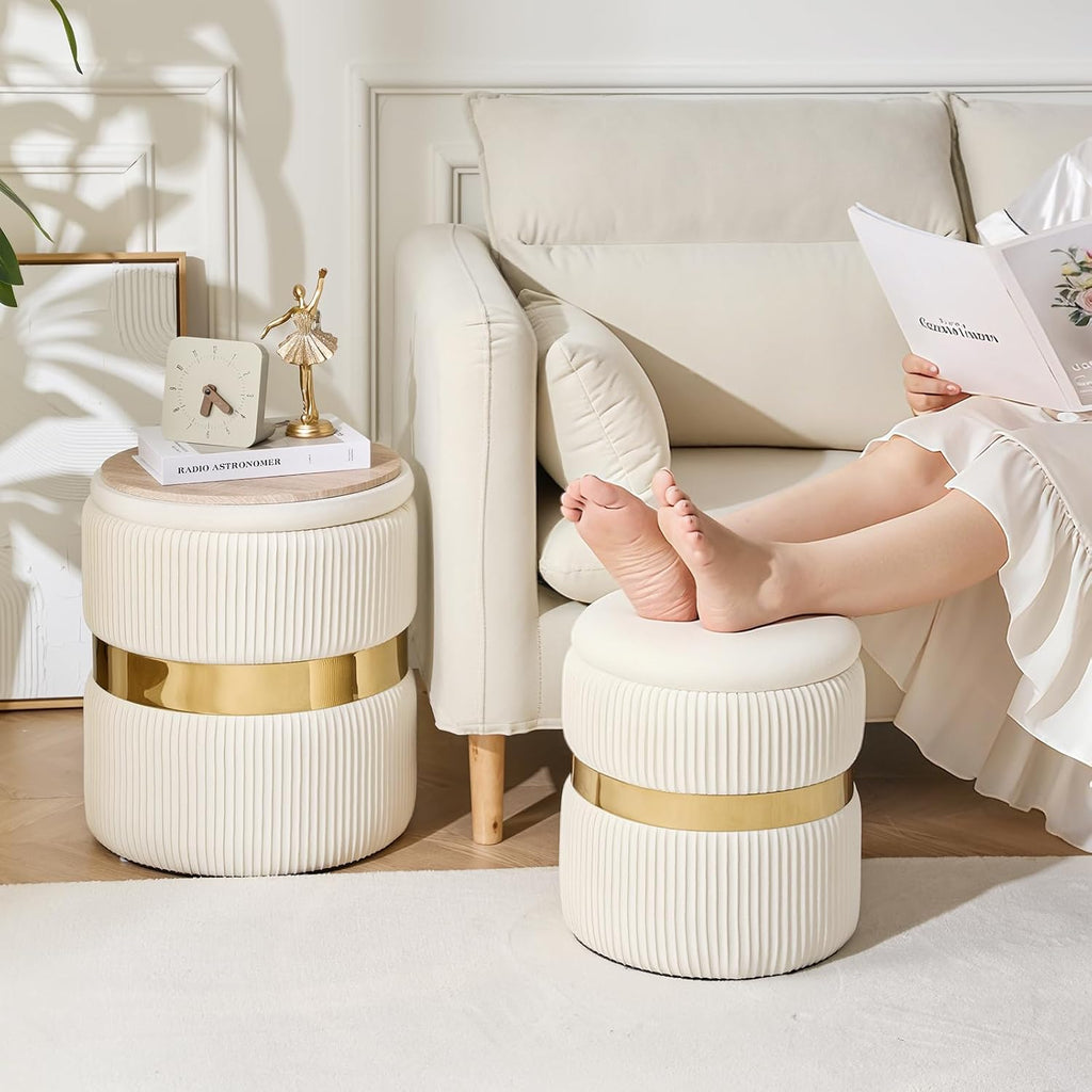 2 Pack White Gold Round Storage Ottomans
