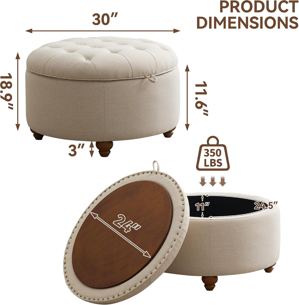 30" Khaki Tufted Round Storage Ottoman