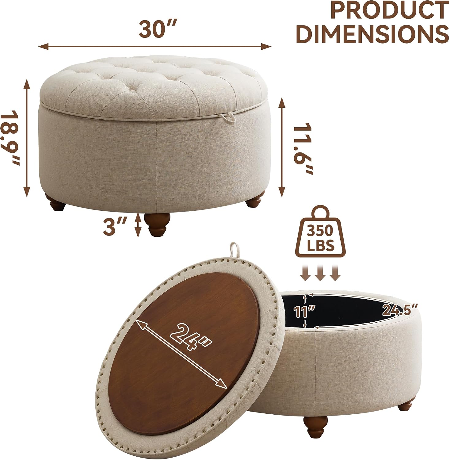 30" Khaki Tufted Round Storage Ottoman