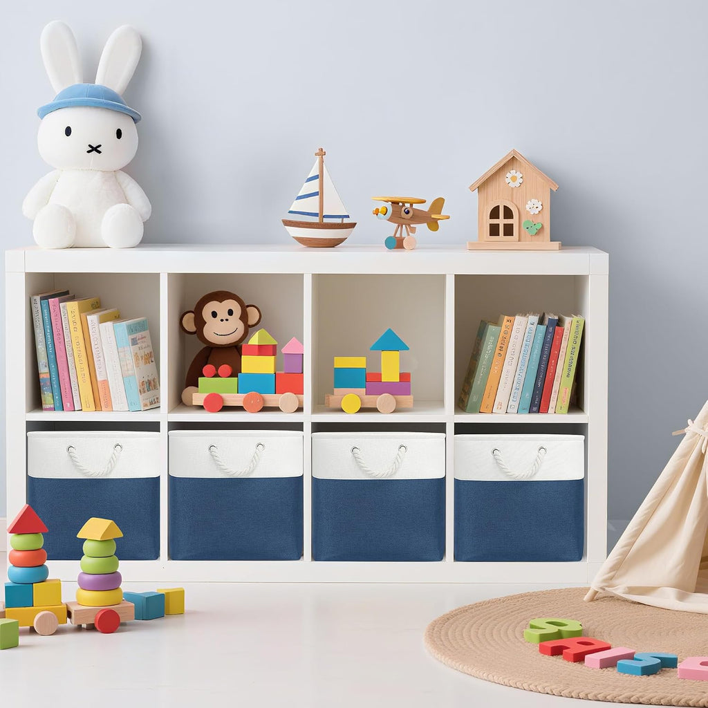 6 White Navy Fabric Storage Cubes