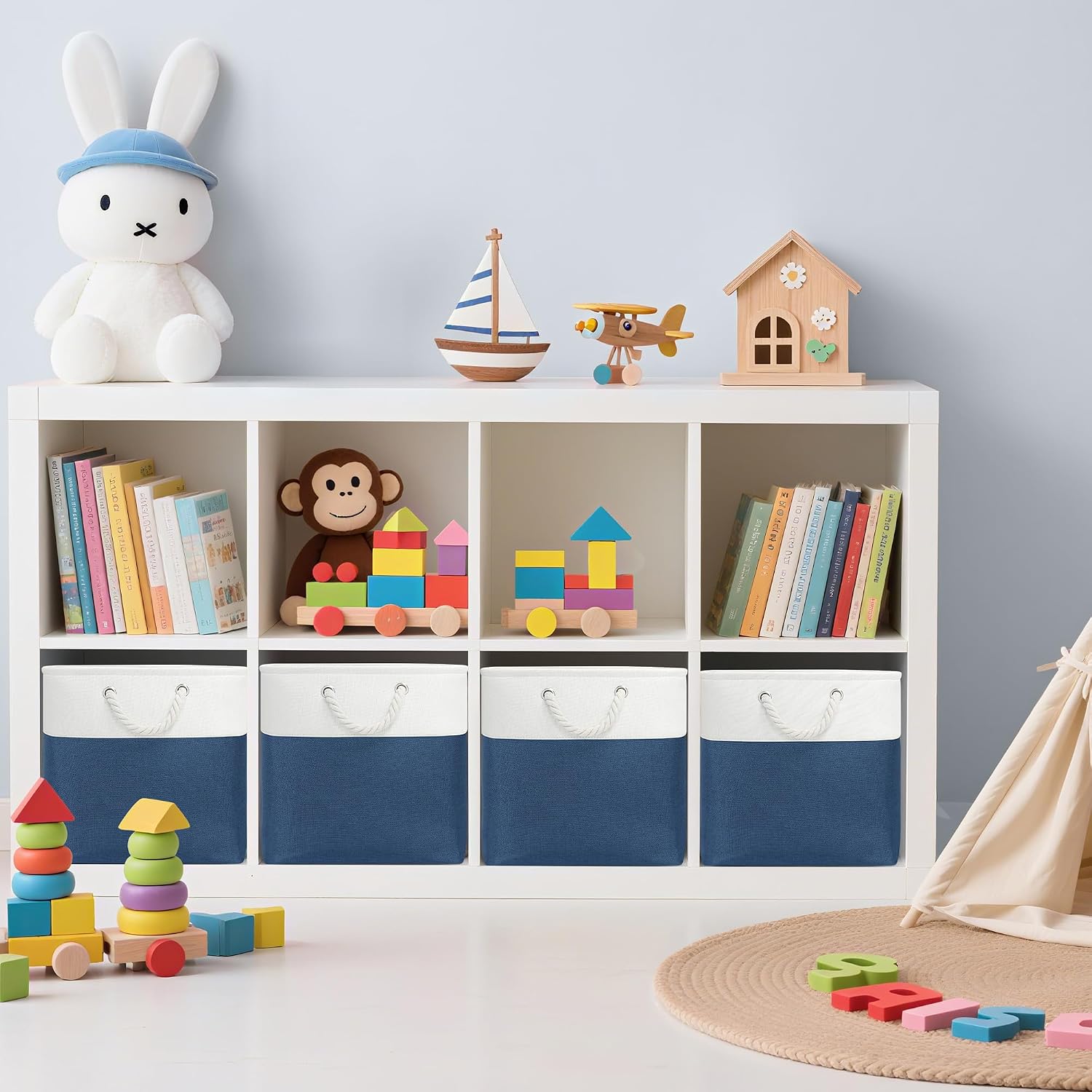 6 White Navy Fabric Storage Cubes