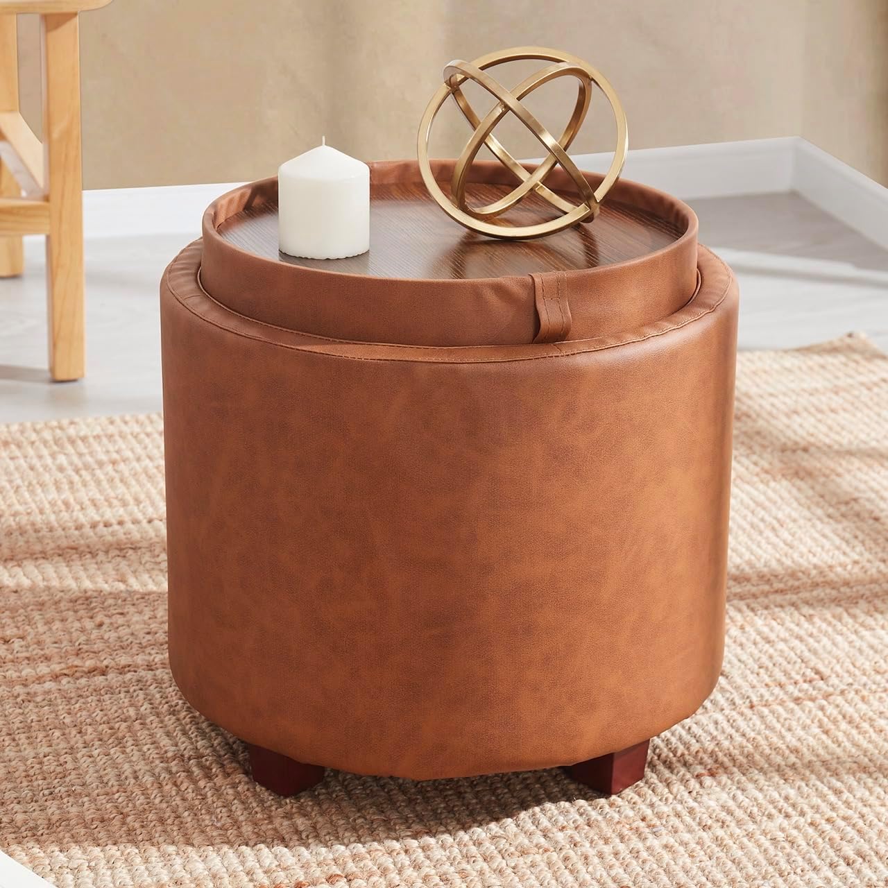 17" Cognac Faux Leather Storage Ottoman