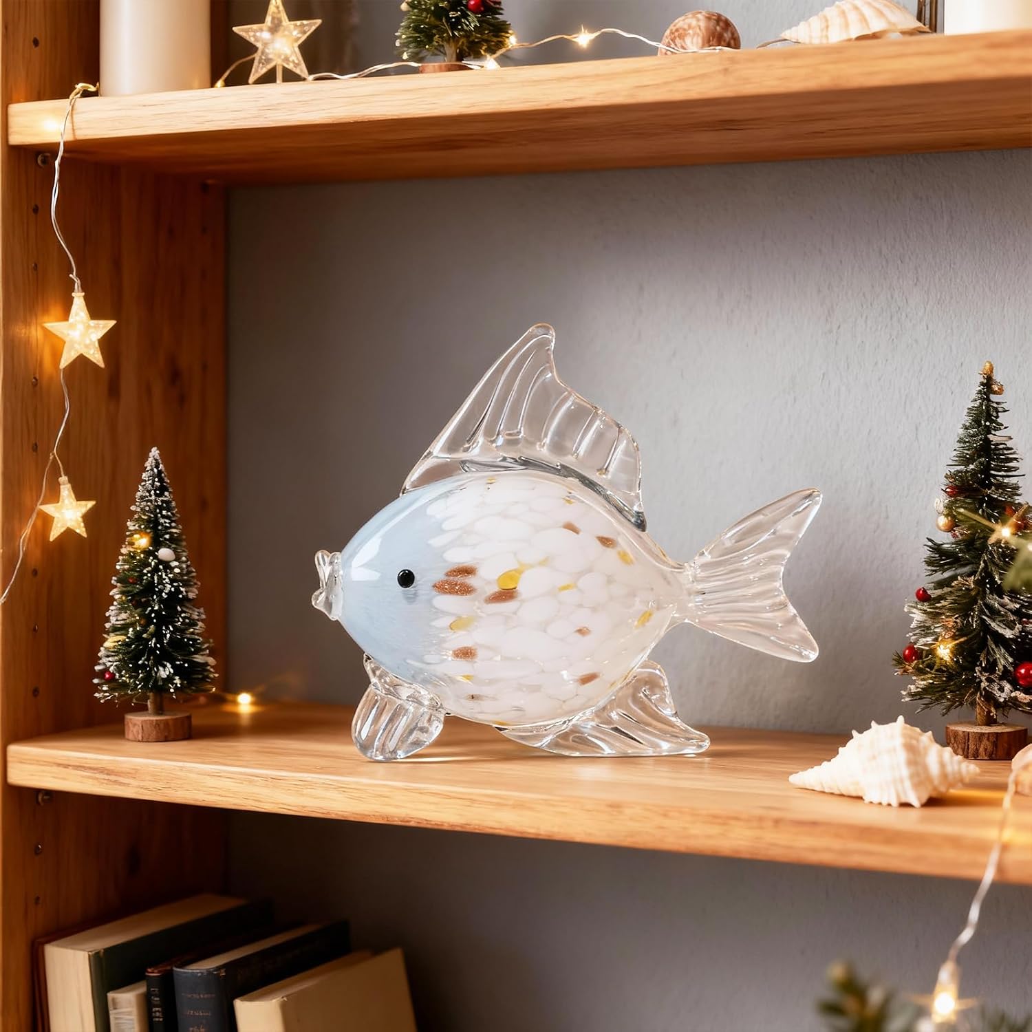 Large Hand Blown Blue White Glass Fish Figurine