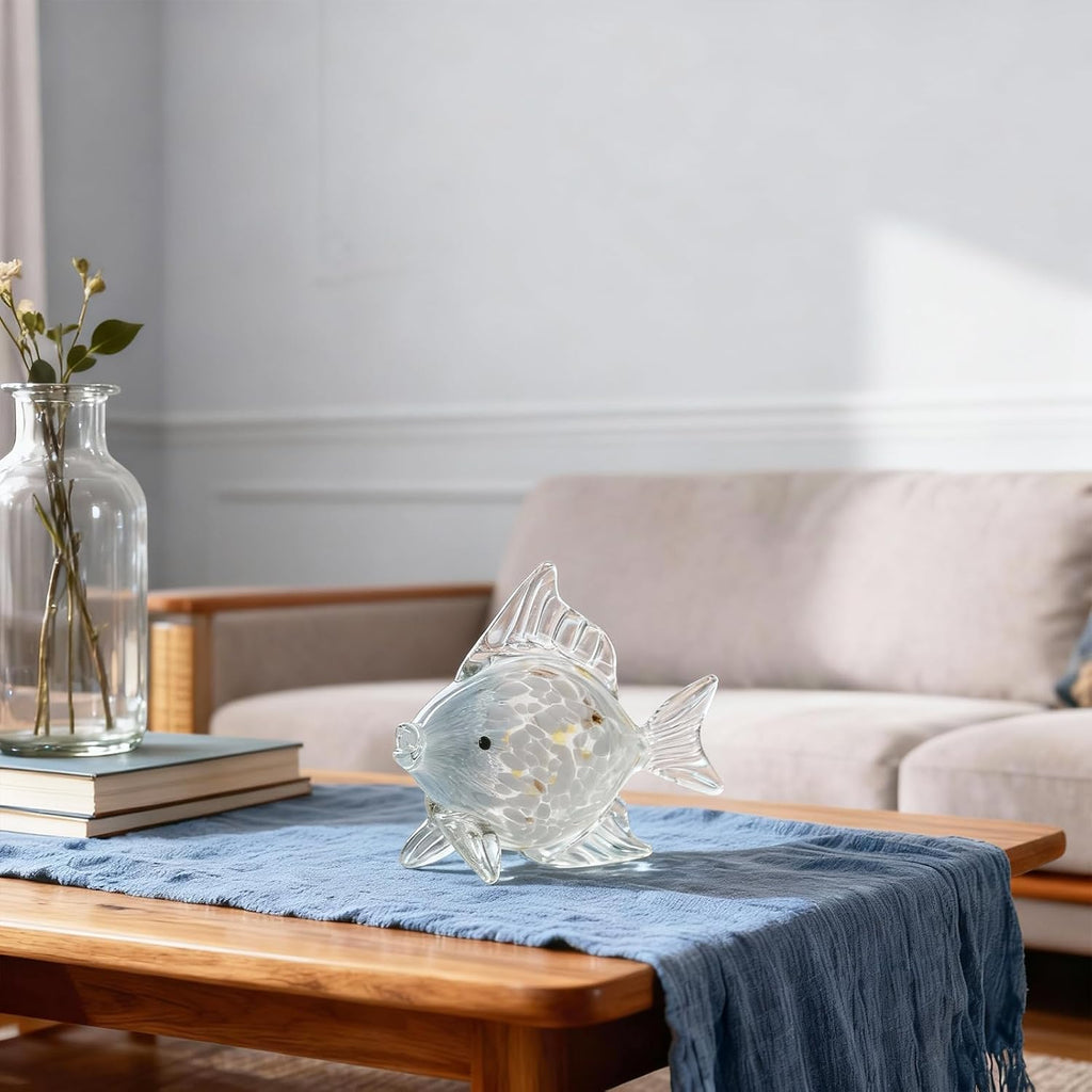 Large Hand Blown Blue White Glass Fish Figurine