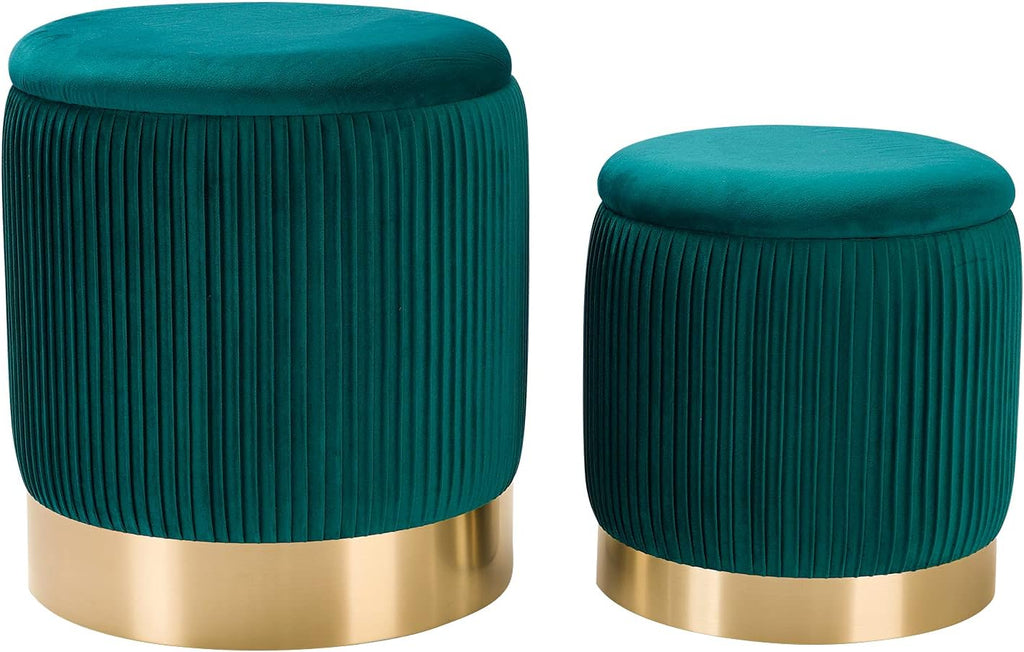 2 Pack Teal Pleated Velvet Nesting Storage Ottomans