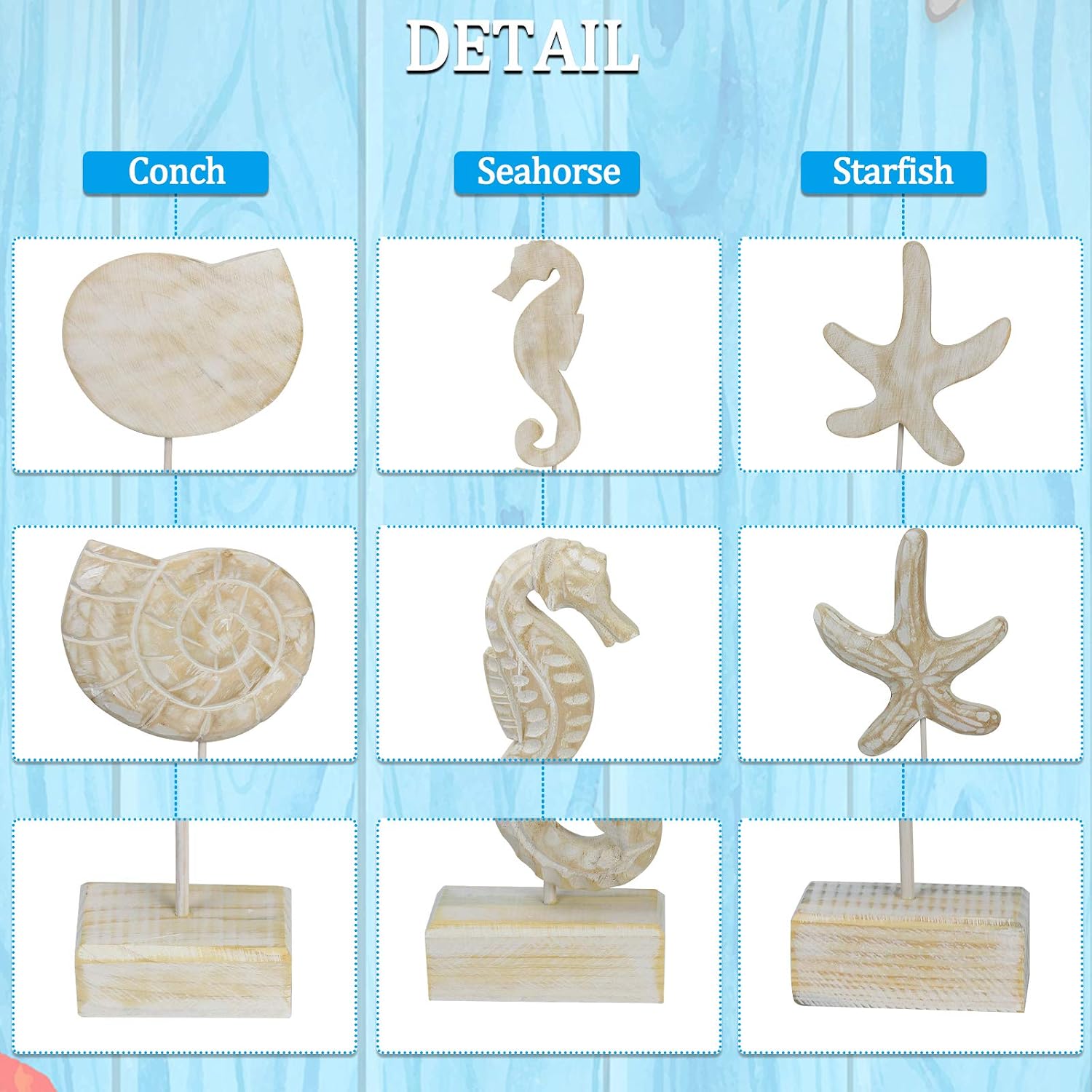 3 Wooden Coastal Marine Figurines