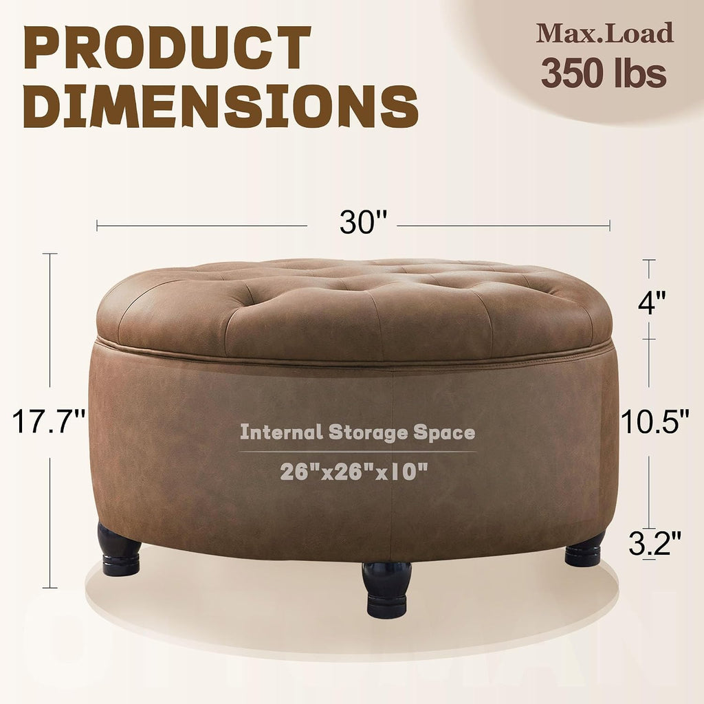 30" Cognac Tan Tufted Round Storage Ottoman