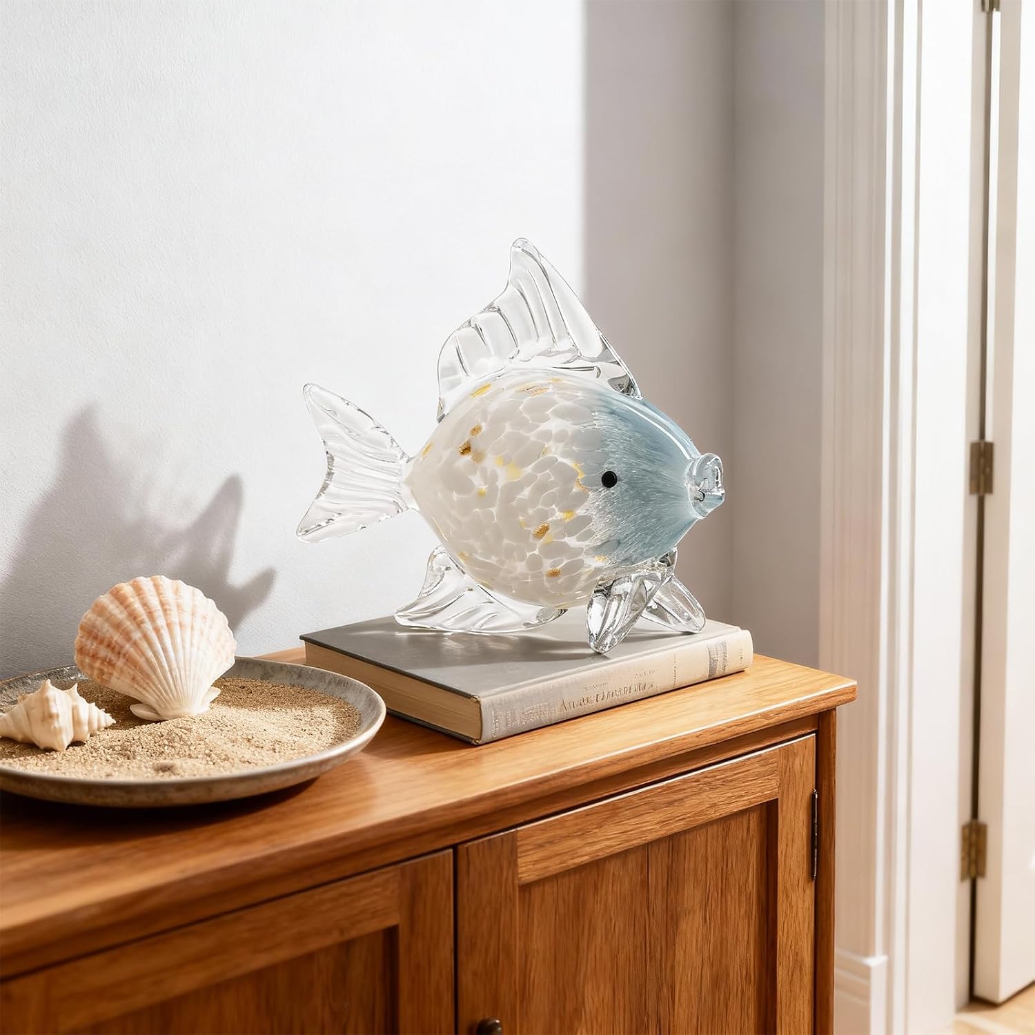 Large Hand Blown Blue White Glass Fish Figurine