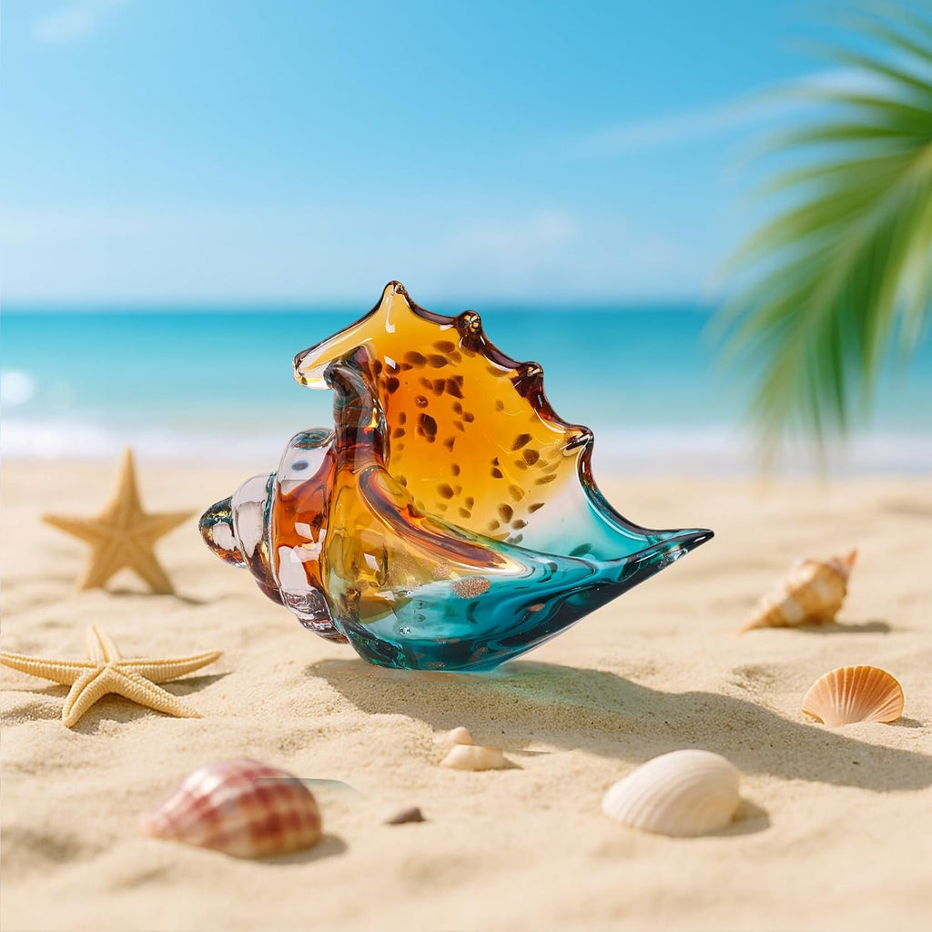 Hand Blown Green Sea Glass Conch Shell Coastal Figurine