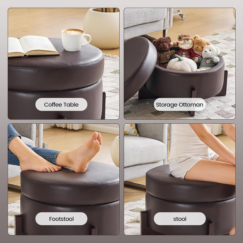 26" Dark Brown Faux Leather Storage Ottoman