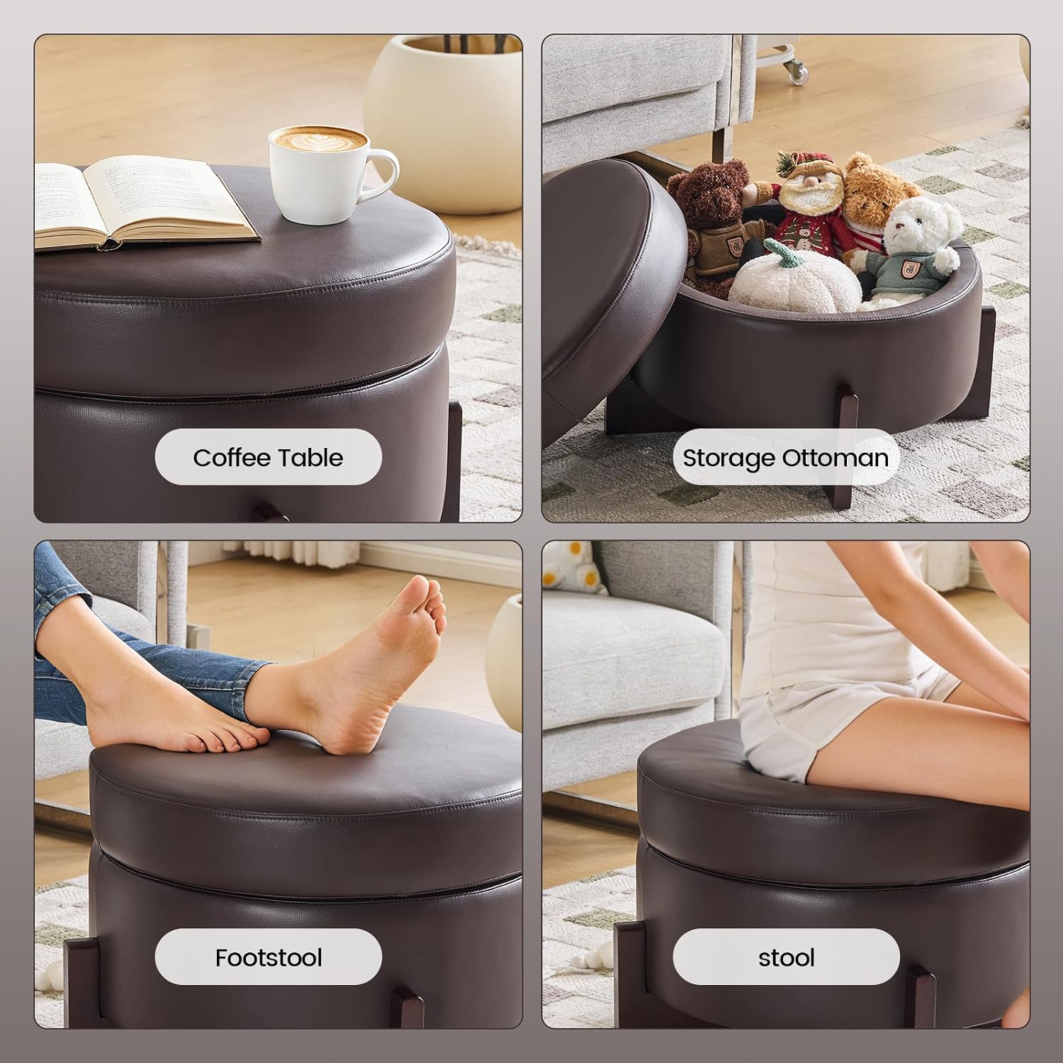 26" Dark Brown Faux Leather Storage Ottoman
