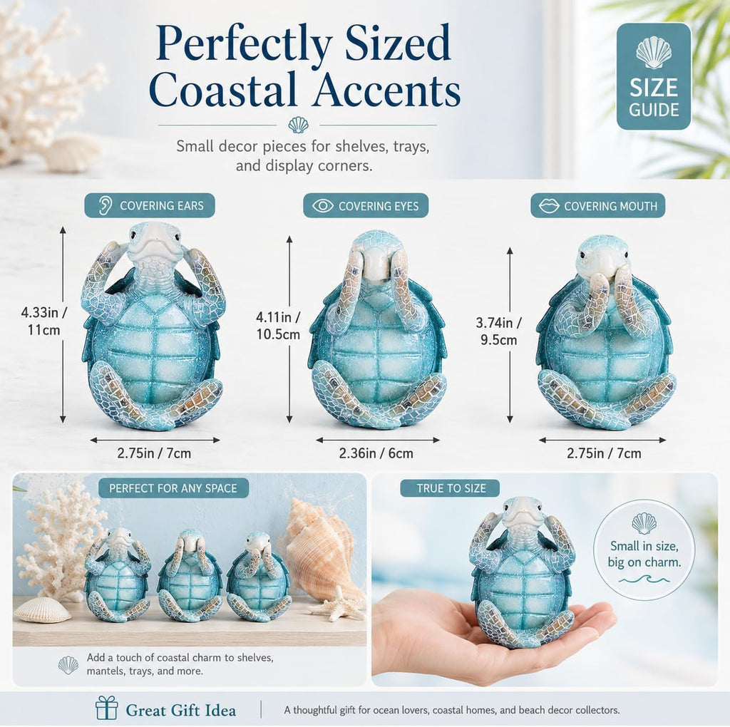 Set of 3 Hear See Speak No Evil Sea Turtle Sculptures