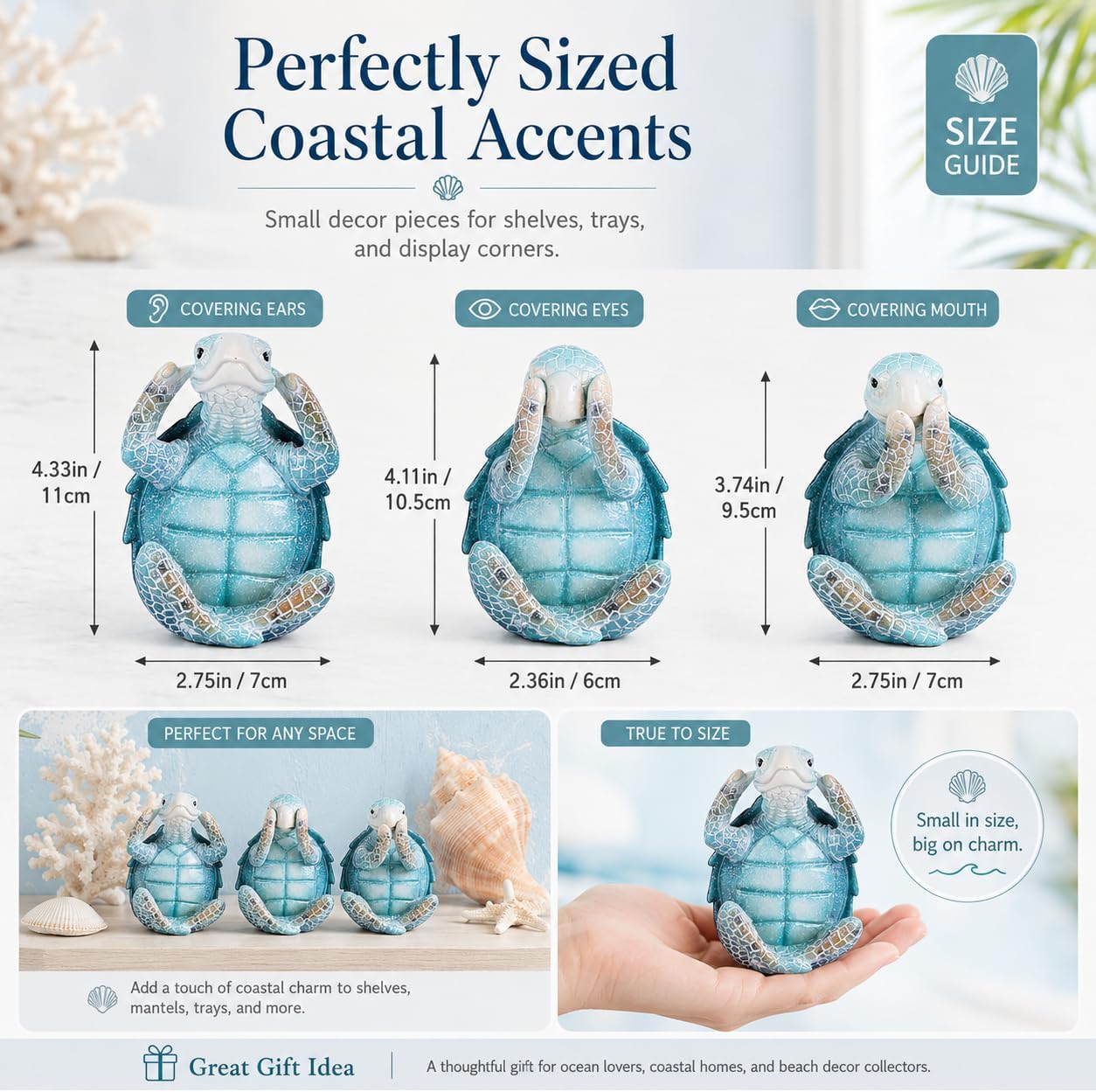 Set of 3 Hear See Speak No Evil Sea Turtle Sculptures