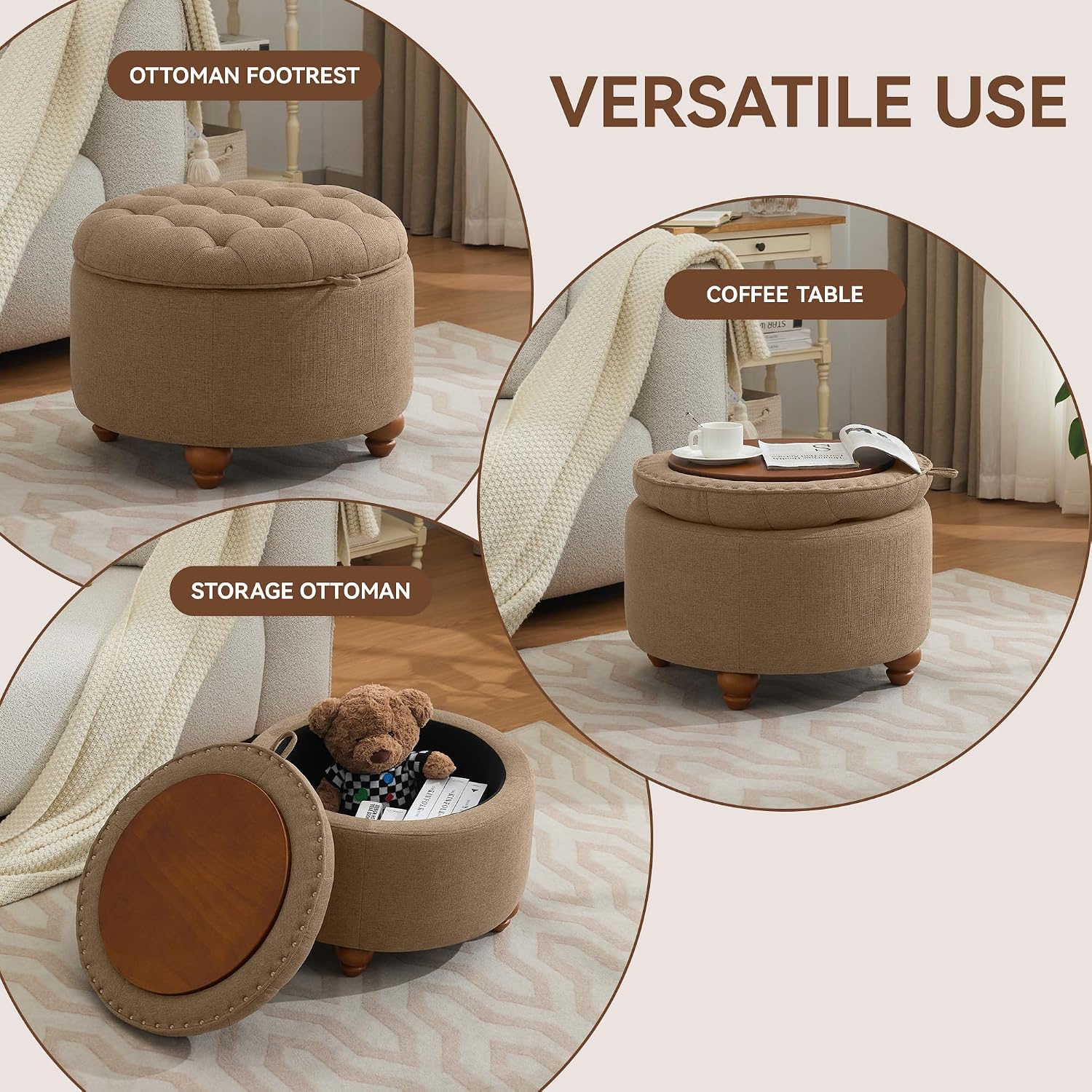 24" Brown Tufted Round Storage Ottoman