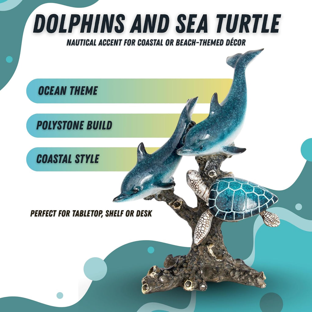 10.75x9.5" Dolphin & Turtle Coral Reef Figurine