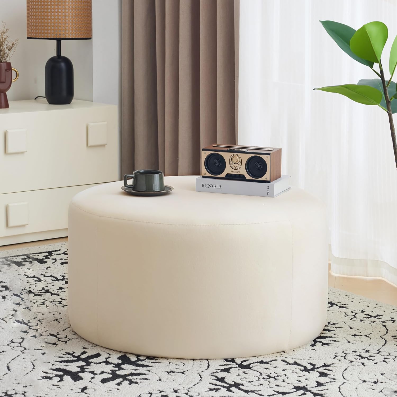 30" Cream Velvet Round Ottoman