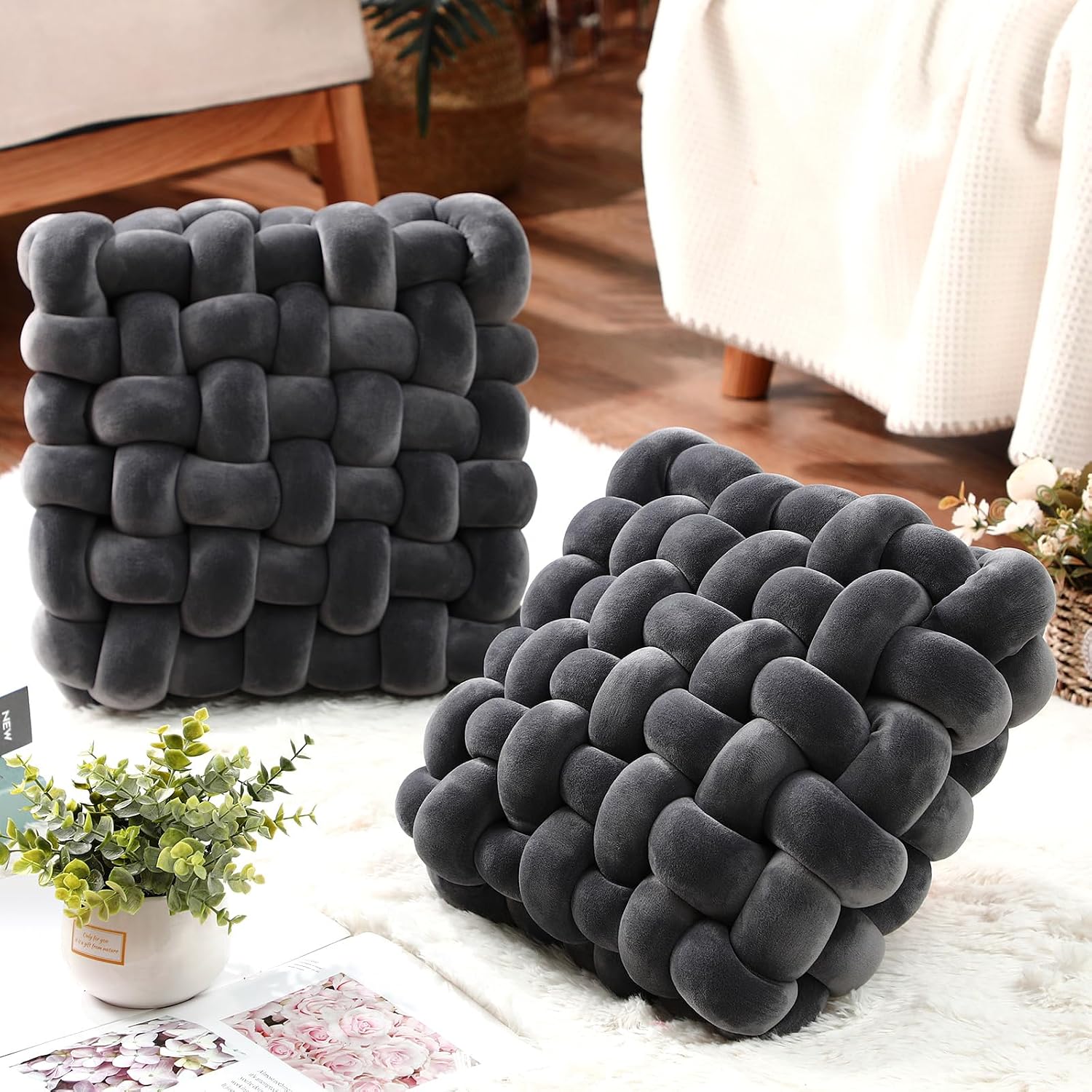 Dark Gray Velvet Knot Pillows 2 Pack