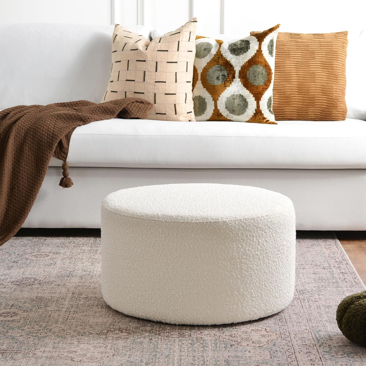 24" Round Boucle Upholstered Ottoman