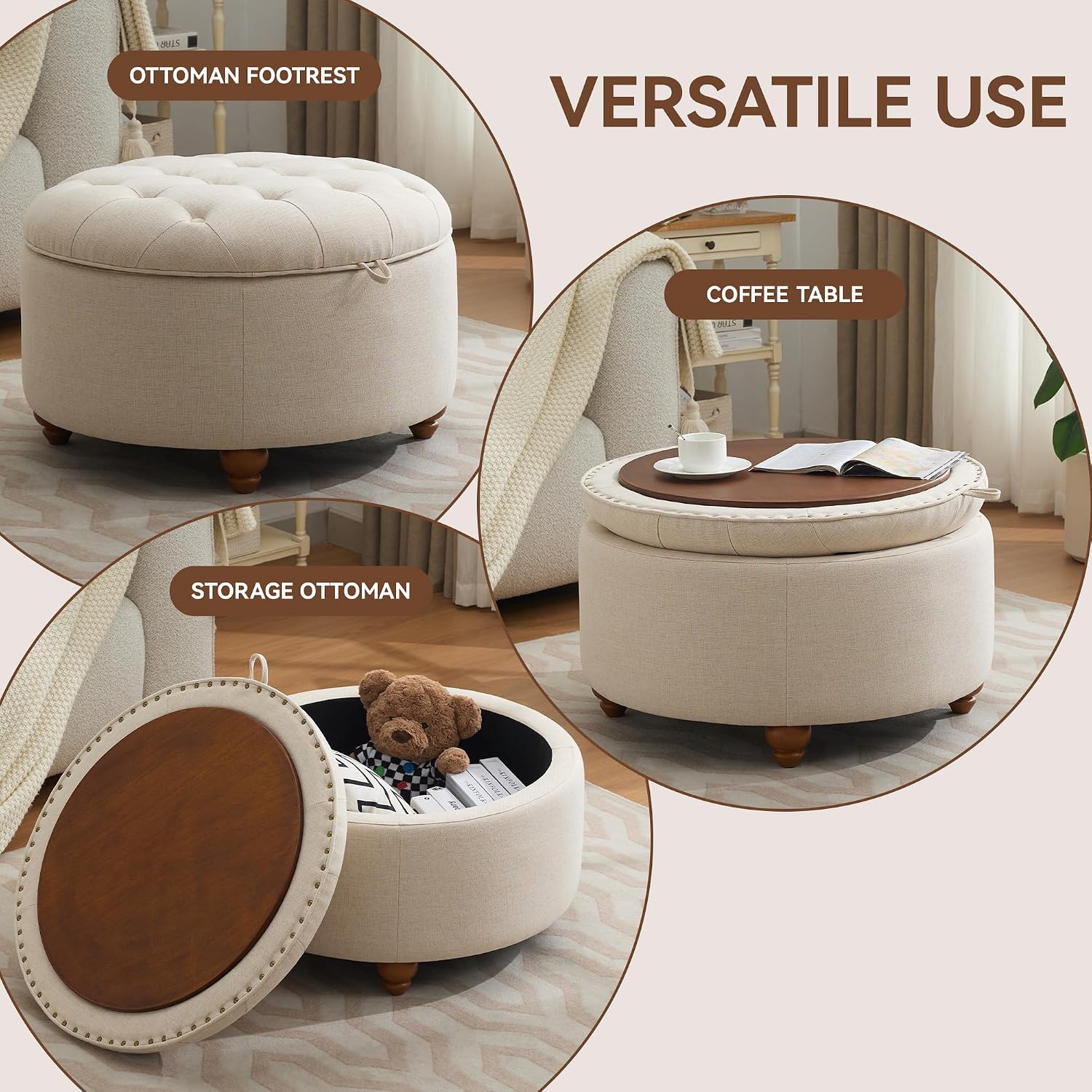 30" Khaki Tufted Round Storage Ottoman