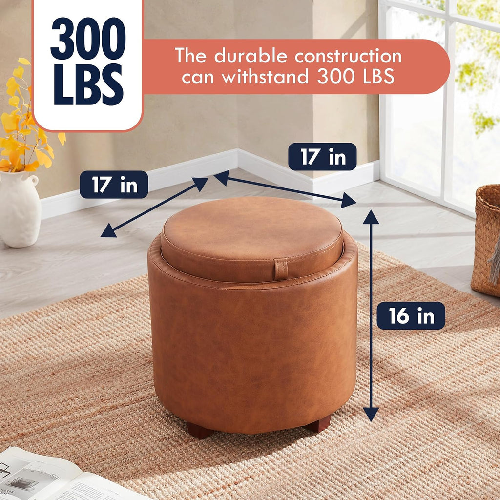 17" Cognac Faux Leather Storage Ottoman