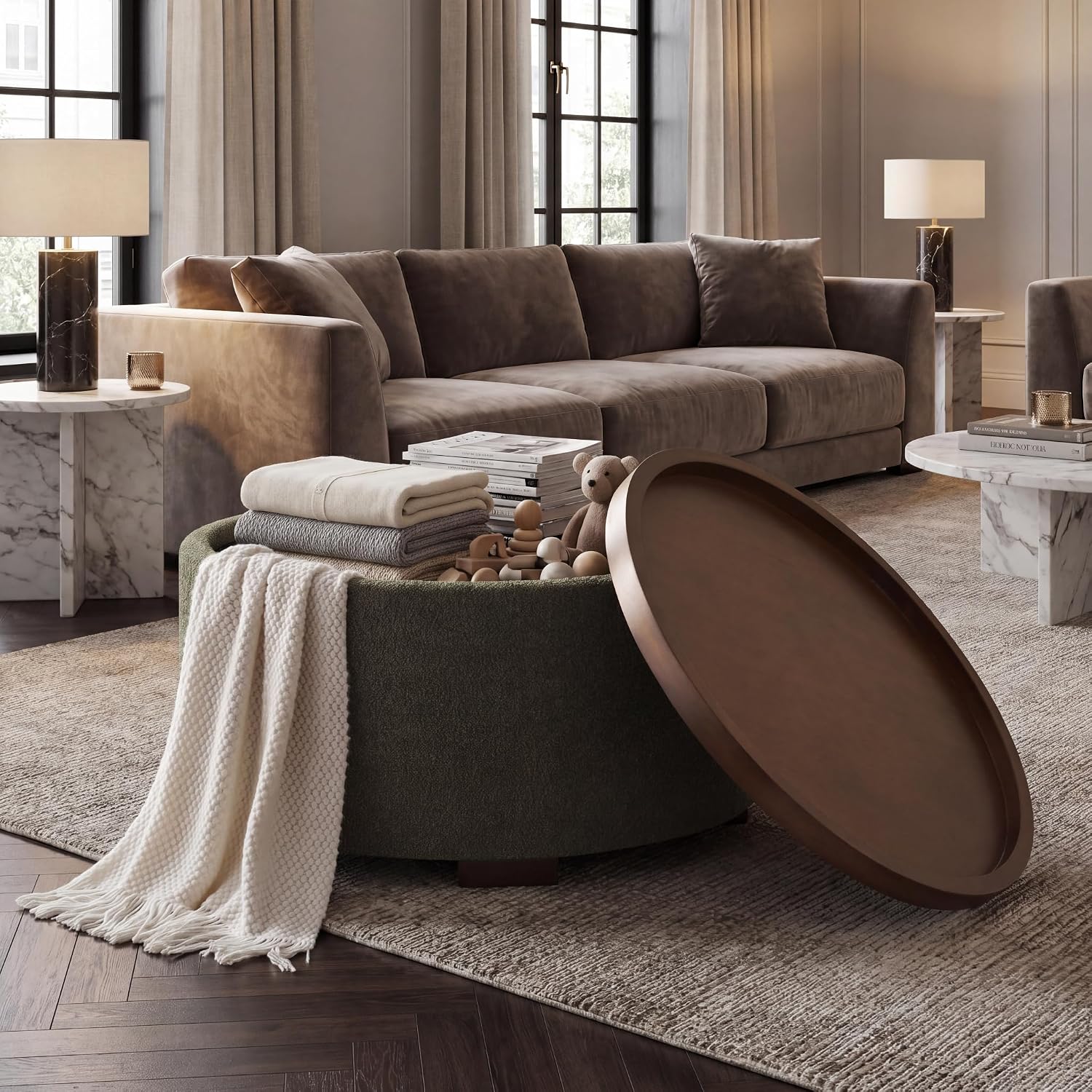 30" Green Boucle Round Storage Ottoman