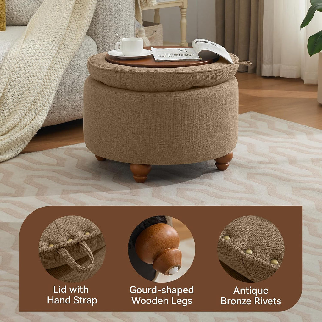 24" Brown Tufted Round Storage Ottoman