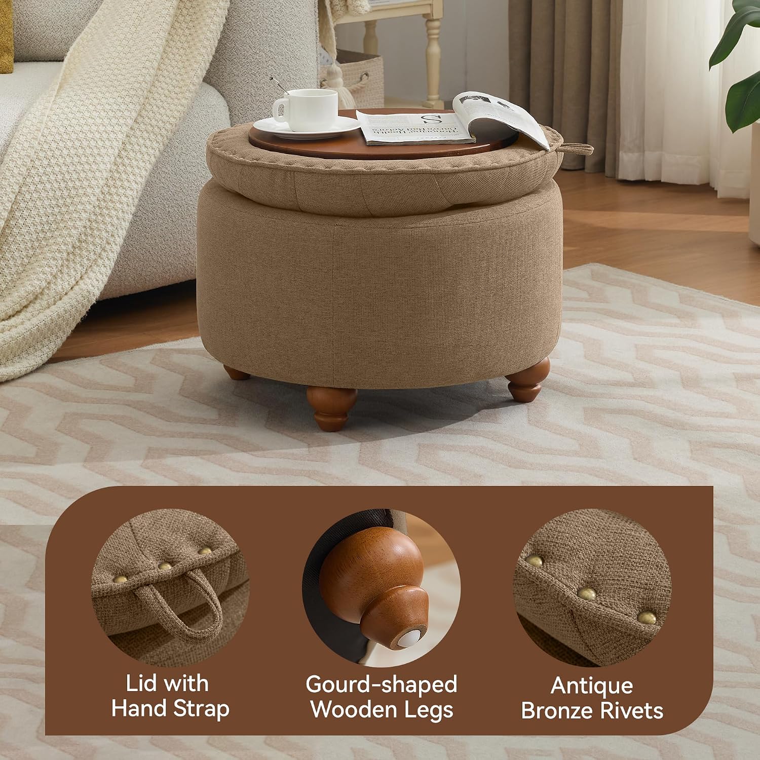 24" Brown Tufted Round Storage Ottoman