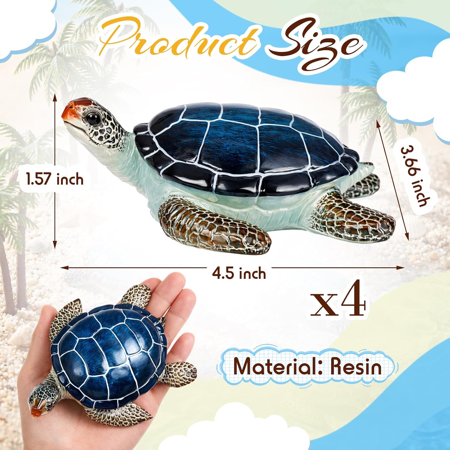 4 Blue Sea Turtle Decor Statues