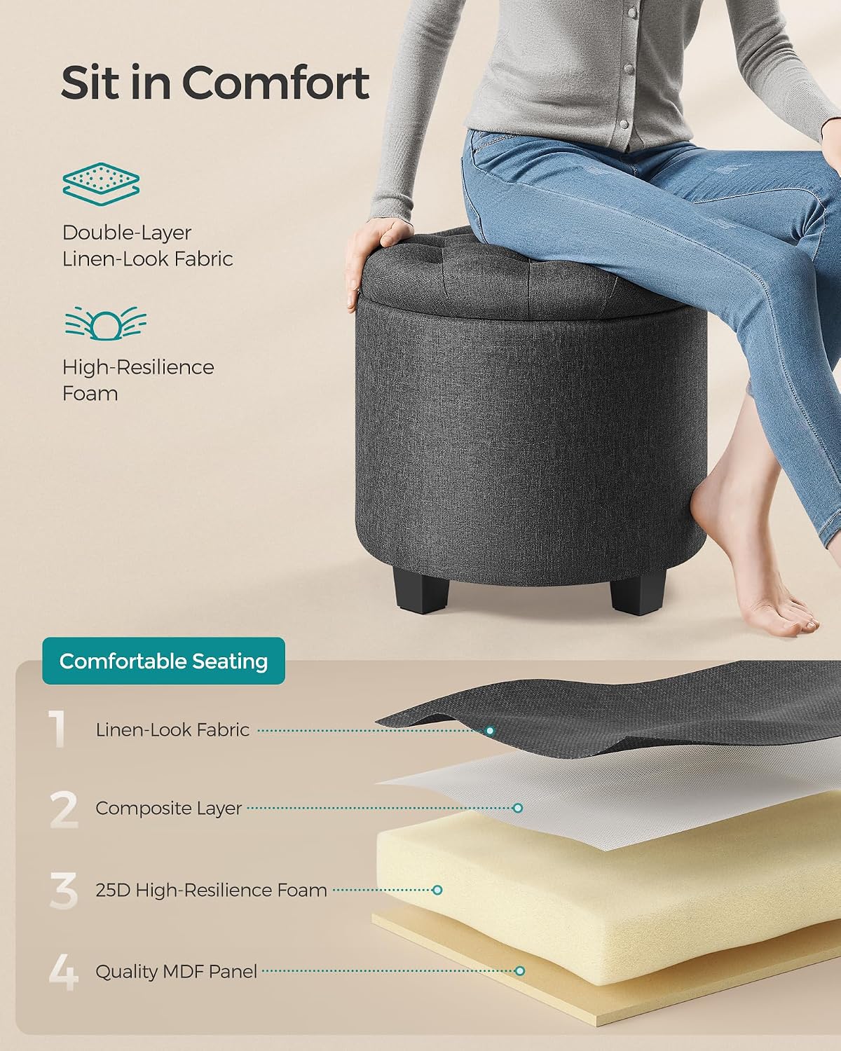 17.7" Dark Gray Storage Ottoman