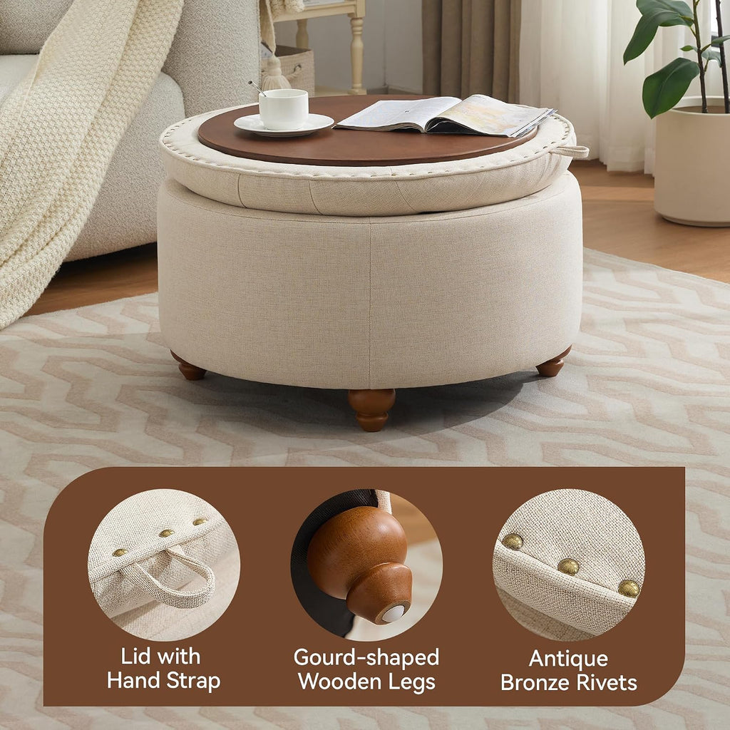 30" Khaki Tufted Round Storage Ottoman