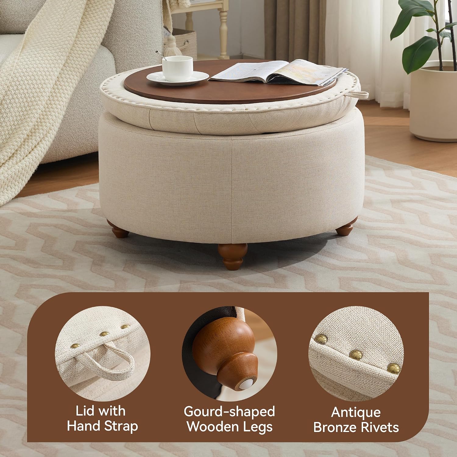 30" Khaki Tufted Round Storage Ottoman