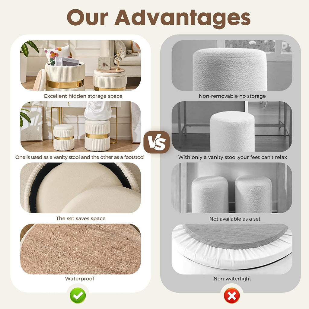 2 Pack White Gold Round Storage Ottomans