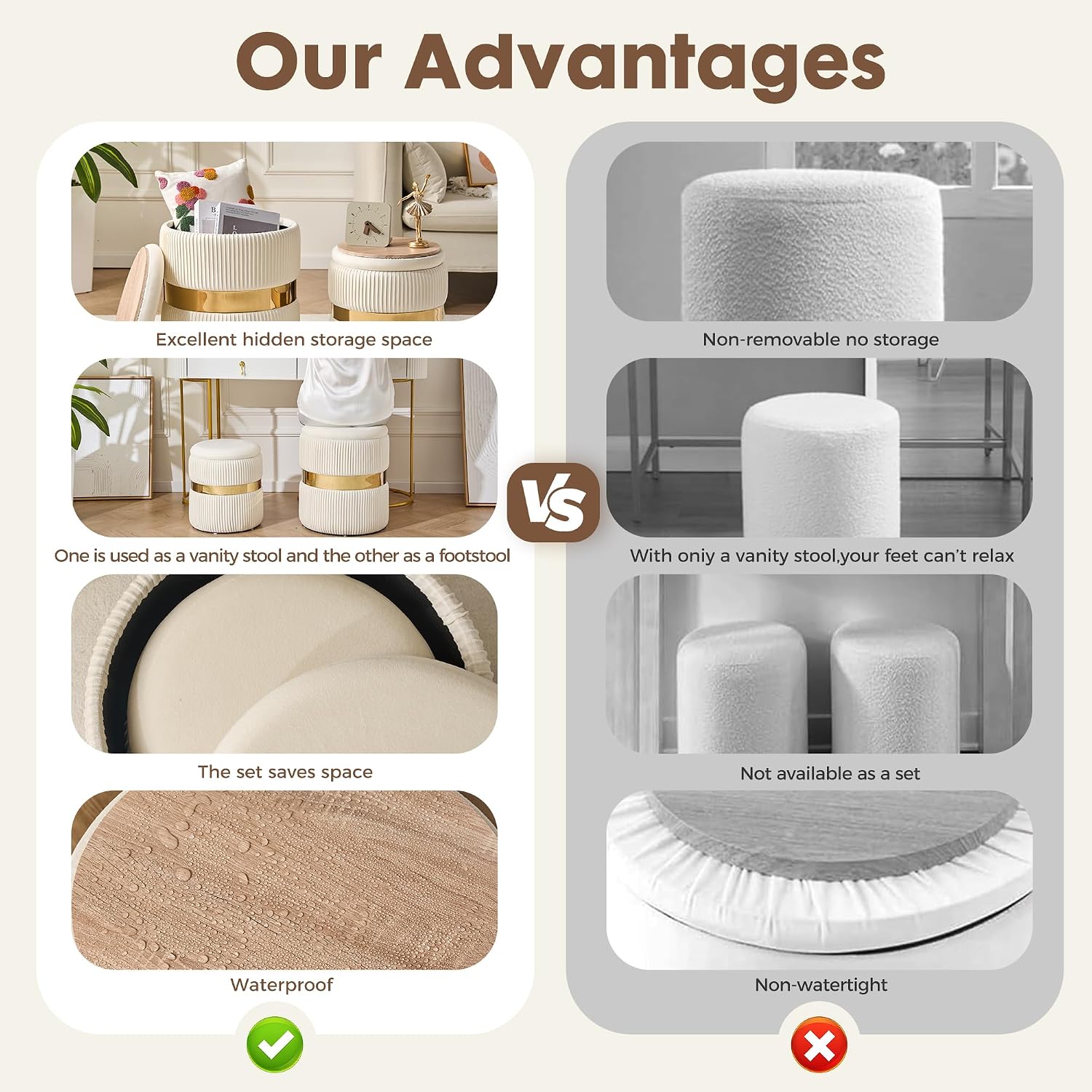2 Pack White Gold Round Storage Ottomans